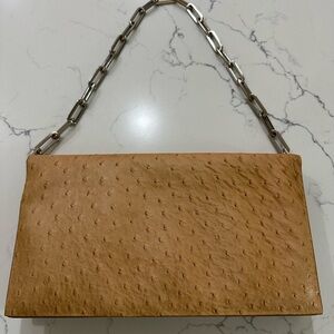 Authentic Vintage Maxx New York Tan Chain Shoulder Bag Ostrich Embossed Leather